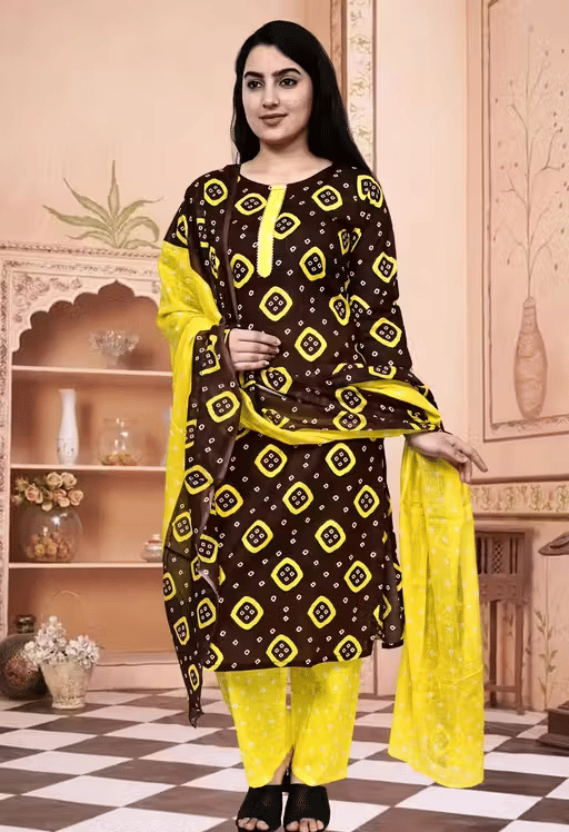     			one amore Women Cotton Blend Printed A-line Kurti With Pants ( Yellow )