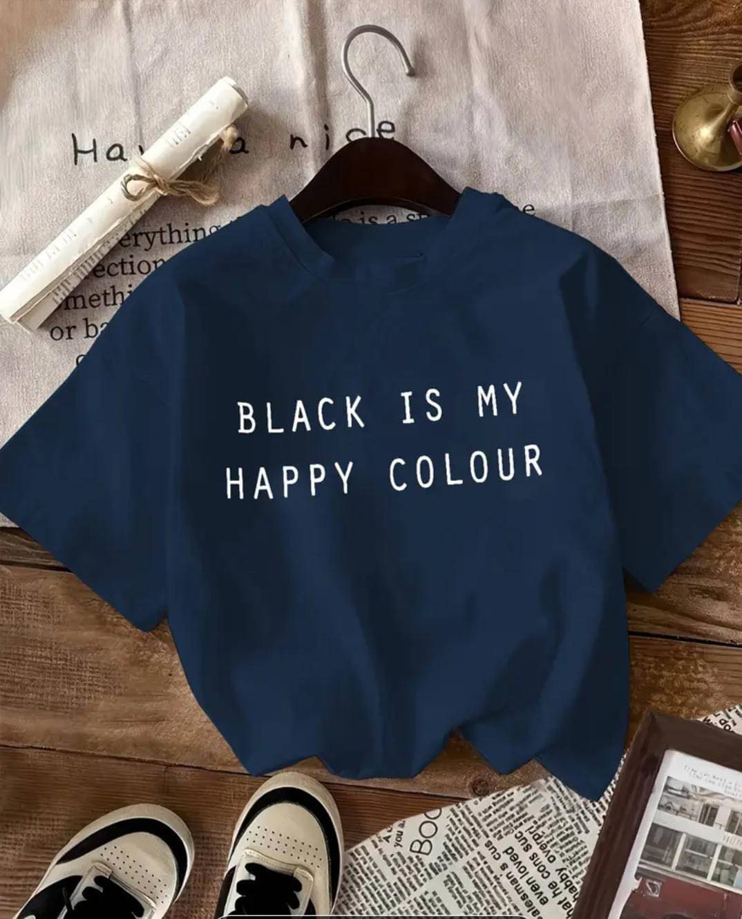 AKIR ADVISORY INDIA LLP Women Cotton Blend Printed Oversized Fit Round Neck T-Shirt ( Navy Blue ) AKIR ADVISORY INDIA LLP Women Cotton Blend Printed Oversized Fit Round Neck T-Shirt ( Navy Blue )