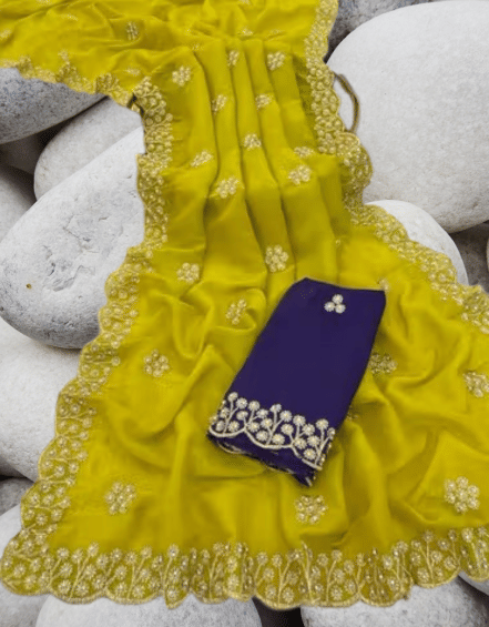     			BBV COUTURE Asaam Silk Embroidered Banarasi saree With Unstitched Blouse Piece ( Yellow )