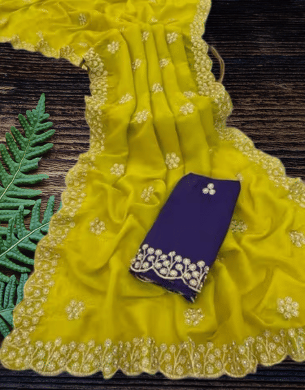     			BBV COUTURE Asaam Silk Embroidered Banarasi saree With Unstitched Blouse Piece ( Yellow )