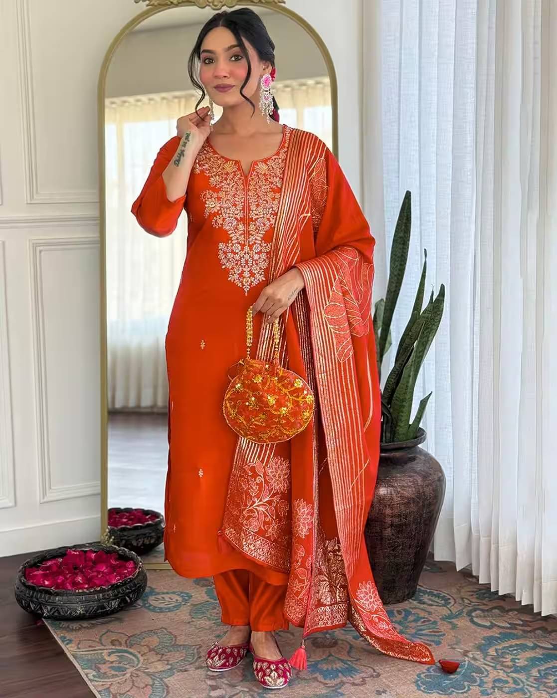     			C4A Women Rayon Embroidered Straight Kurti With Pants ( Rust )