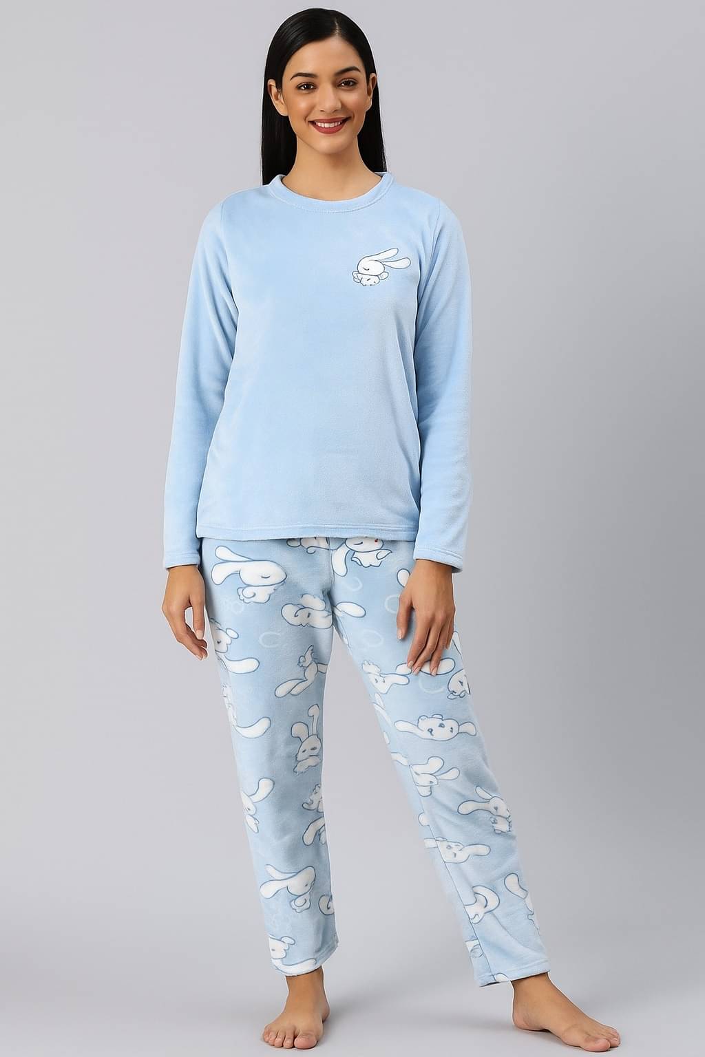     			Camey Fleece Printed Women Top with Pyjama ( Light Blue )