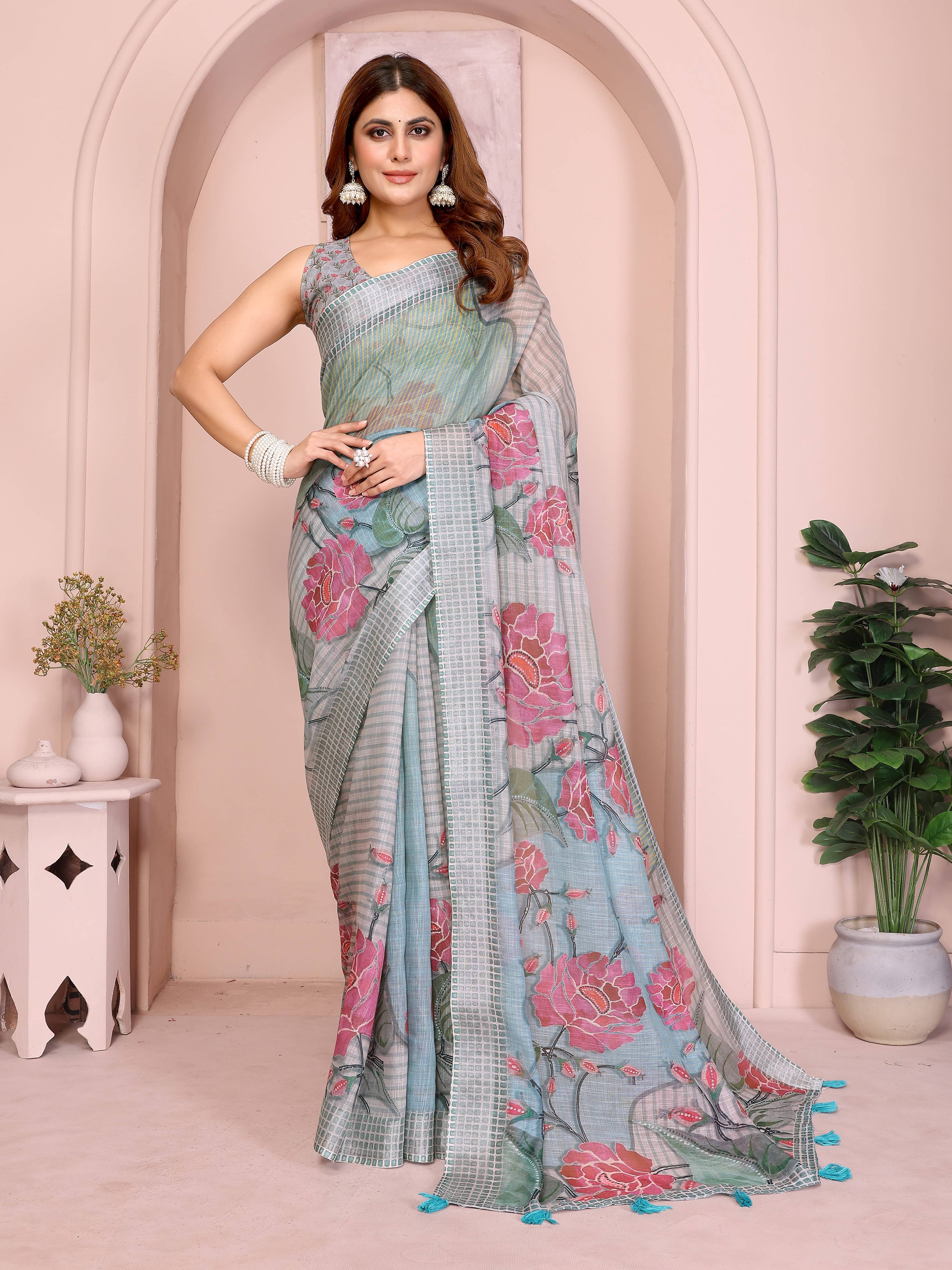 INDIAN SILKS Cotton Printed Regular Saree With Unstitched Blouse Piece ( Grey ) INDIAN SILKS Cotton Printed Regular Saree With Unstitched Blouse Piece ( Grey )