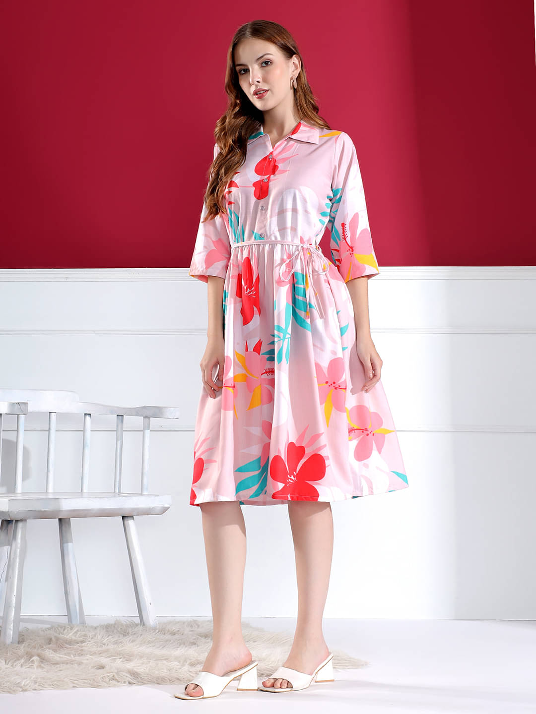 KAHARA Women Cotton Blend Printed Fit & Flare Dress ( Pink ) KAHARA Women Cotton Blend Printed Fit & Flare Dress ( Pink )