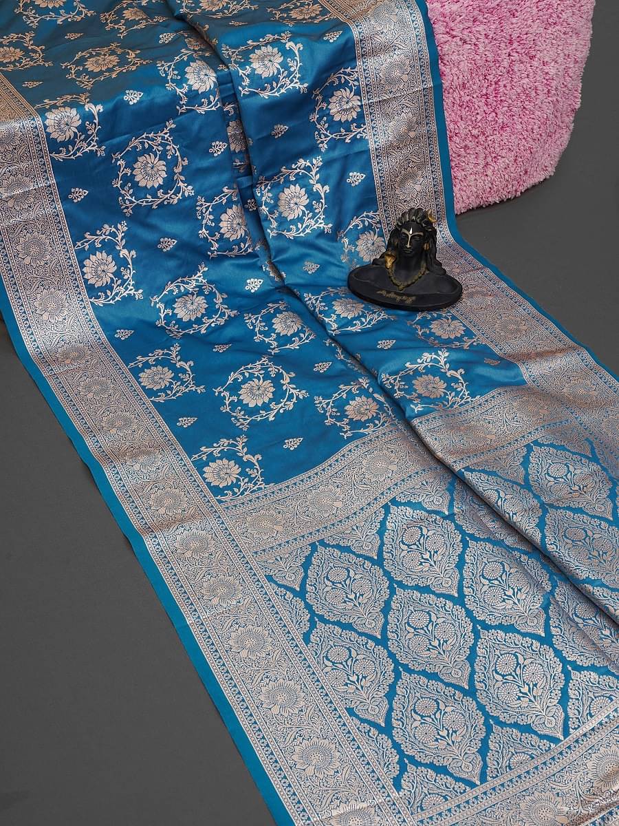     			KALIPATRA Satin Solid Banarasi saree With Unstitched Blouse Piece ( Blue )