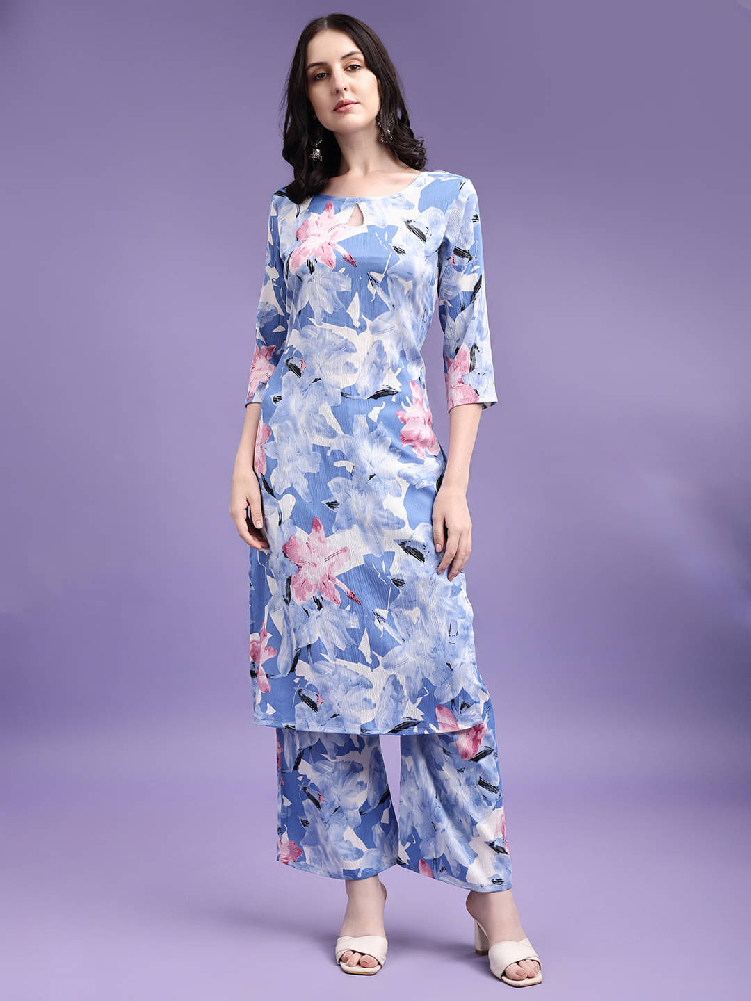     			KAMYA SAREES Women Polyester Printed Straight Kurti With Palazzo ( Blue )