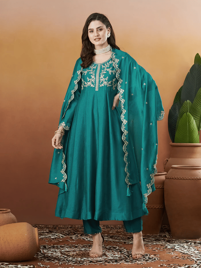 KOTRONS Women Silk Embroidered Straight Kurti With Pants ( Aqua Blue ) KOTRONS Women Silk Embroidered Straight Kurti With Pants ( Aqua Blue )