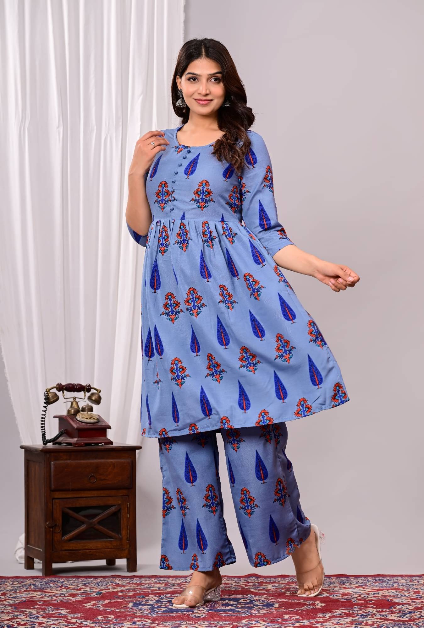     			RAMBAAN CREATION Women Cotton Blend Printed Straight Kurti With Palazzo ( Light Grey )