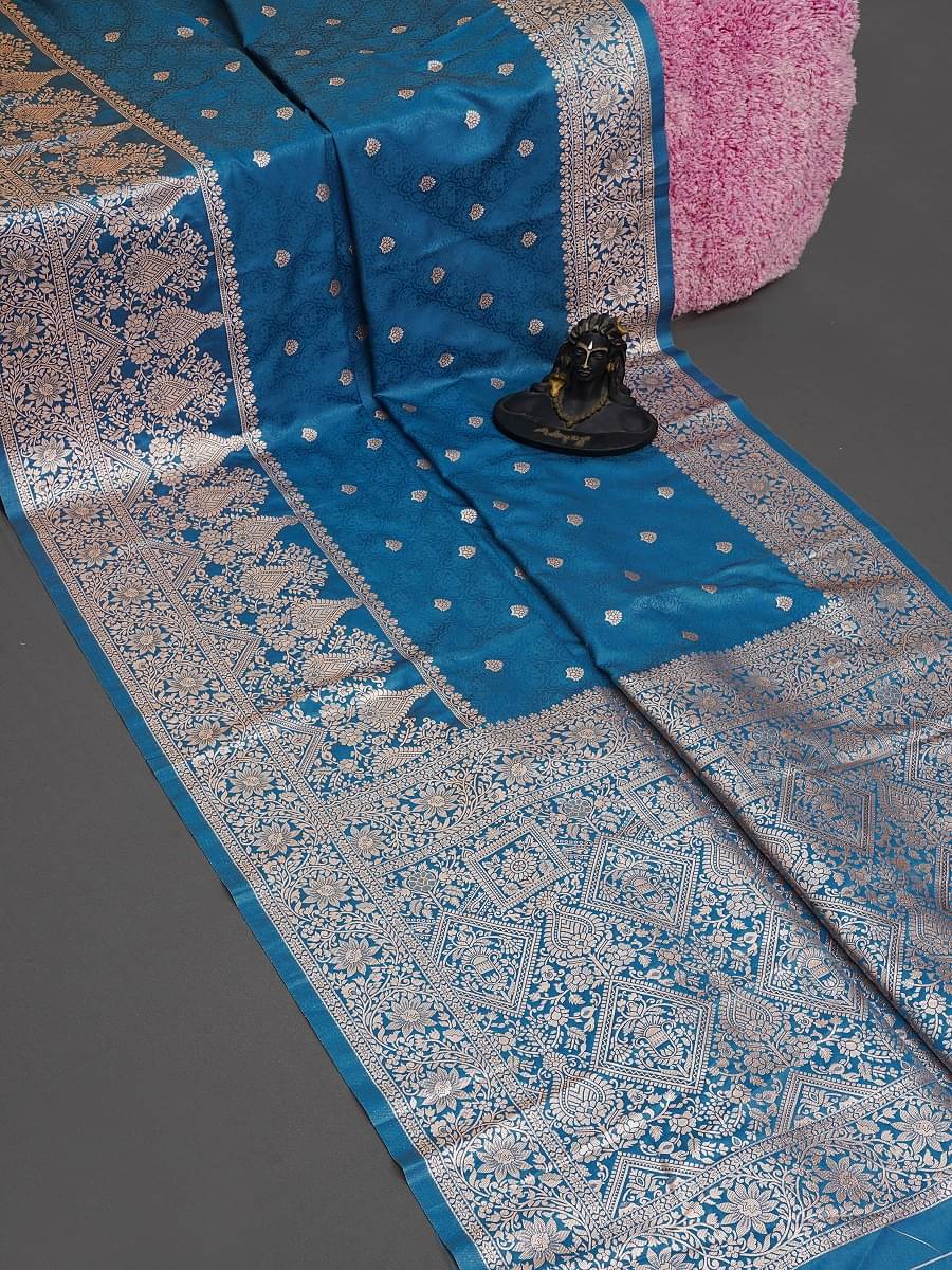     			Semore Satin Solid Banarasi saree With Unstitched Blouse Piece ( Blue )