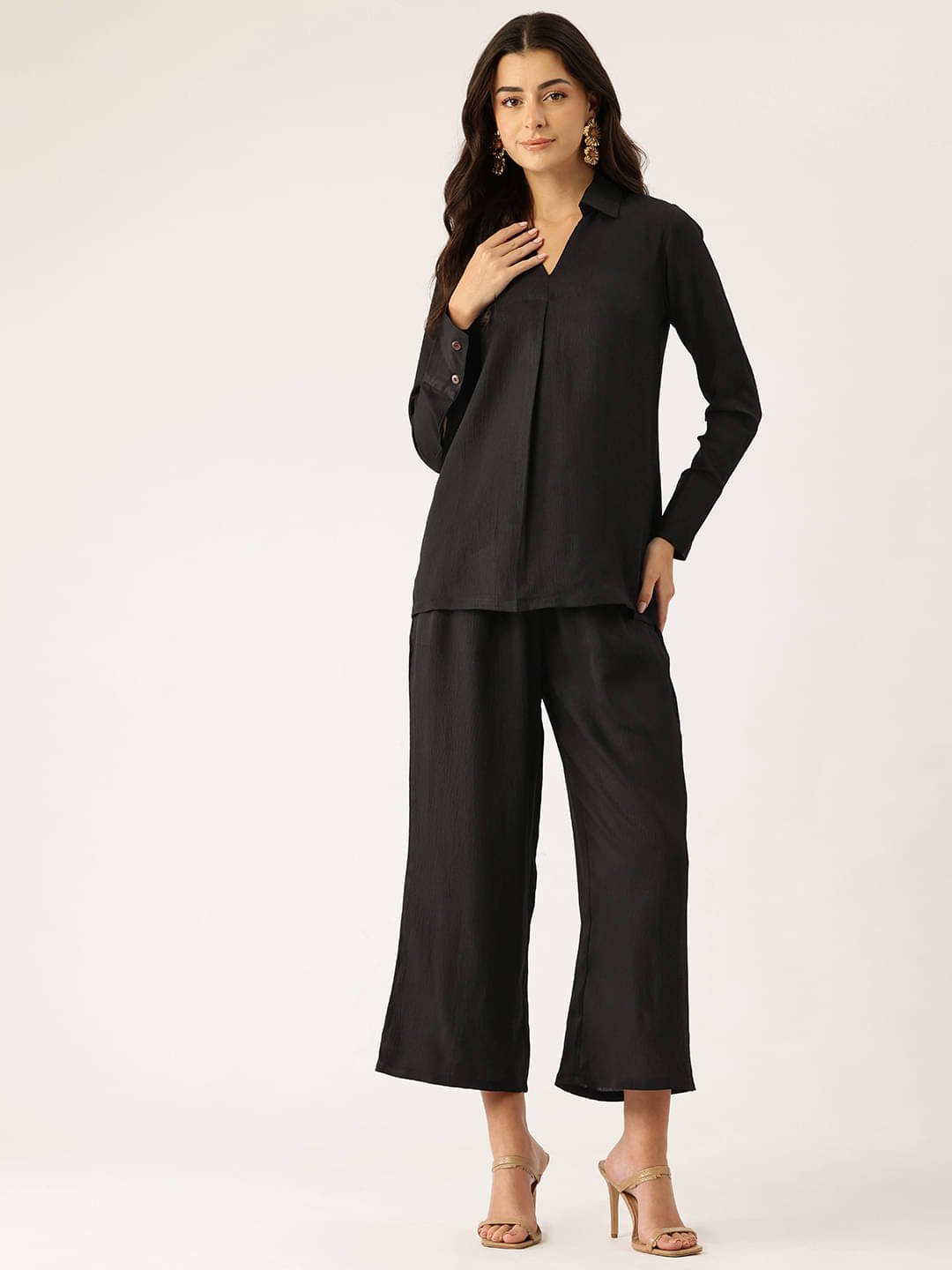     			Sleek  Italia Women Solid Top With Trousers Co-Ord Set ( Black )