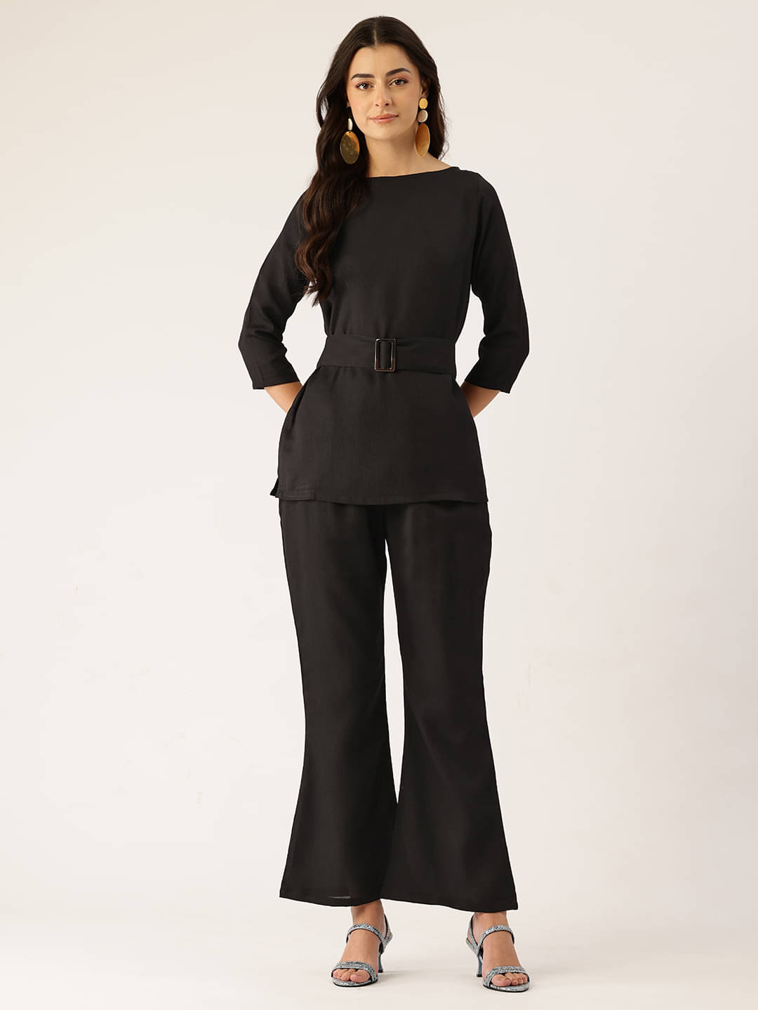     			Sleek  Italia Women Solid Top With Trousers Co-Ord Set ( Black )