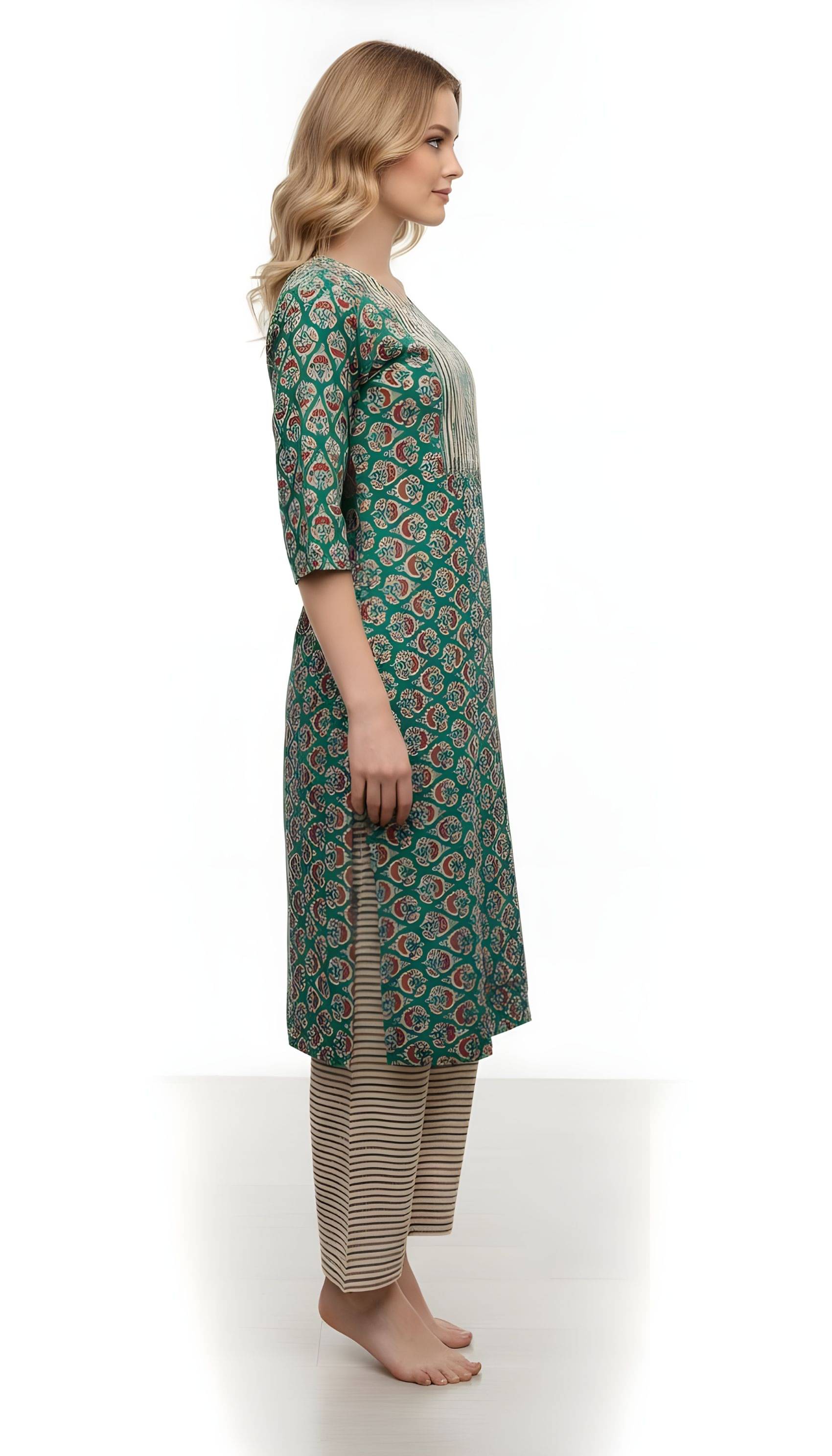 ZEKLEE Women Cotton Printed Straight Kurti With Pants ( Green ) ZEKLEE Women Cotton Printed Straight Kurti With Pants ( Green )