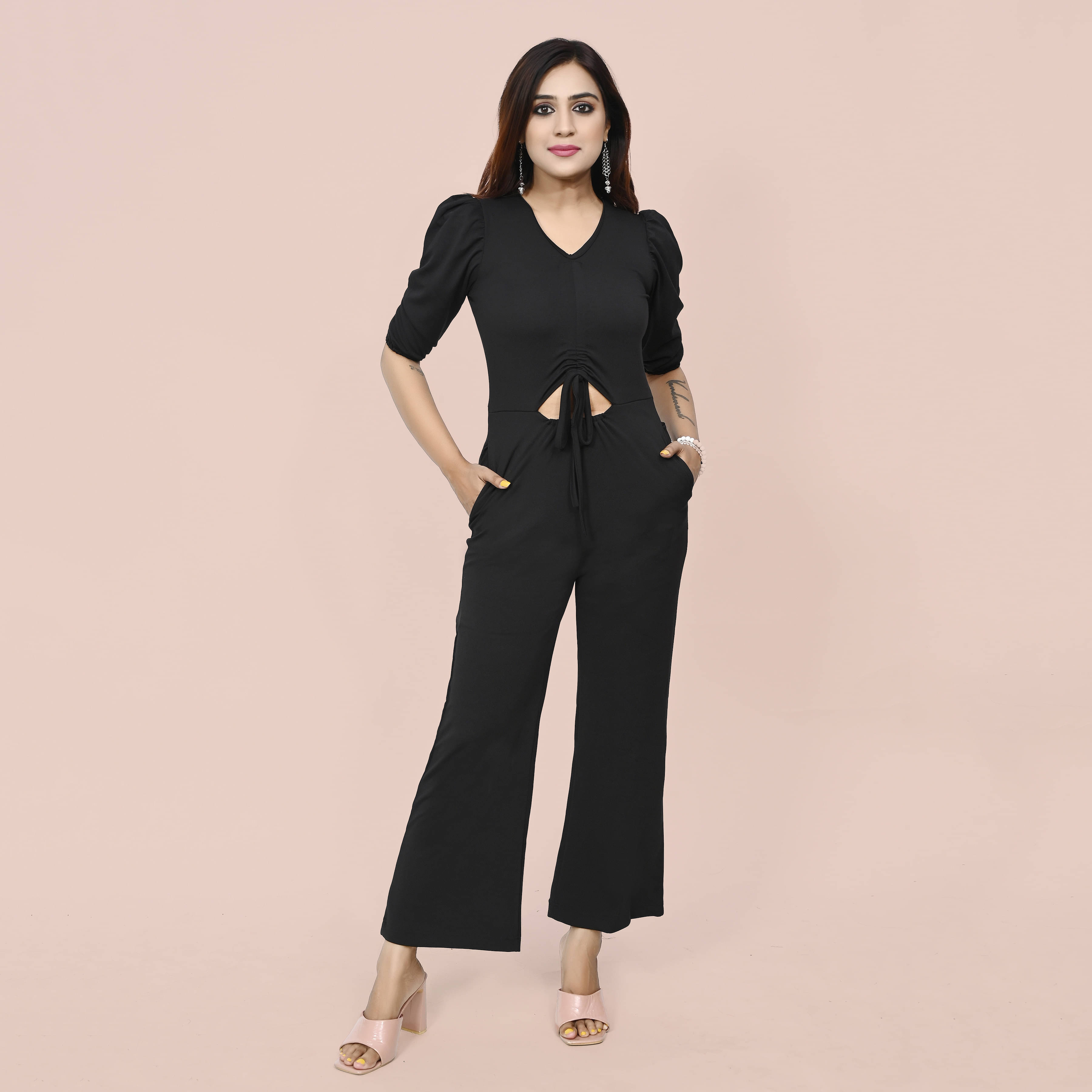     			Zenday Casual Women Solid Polyester Jumpsuit ( Black )