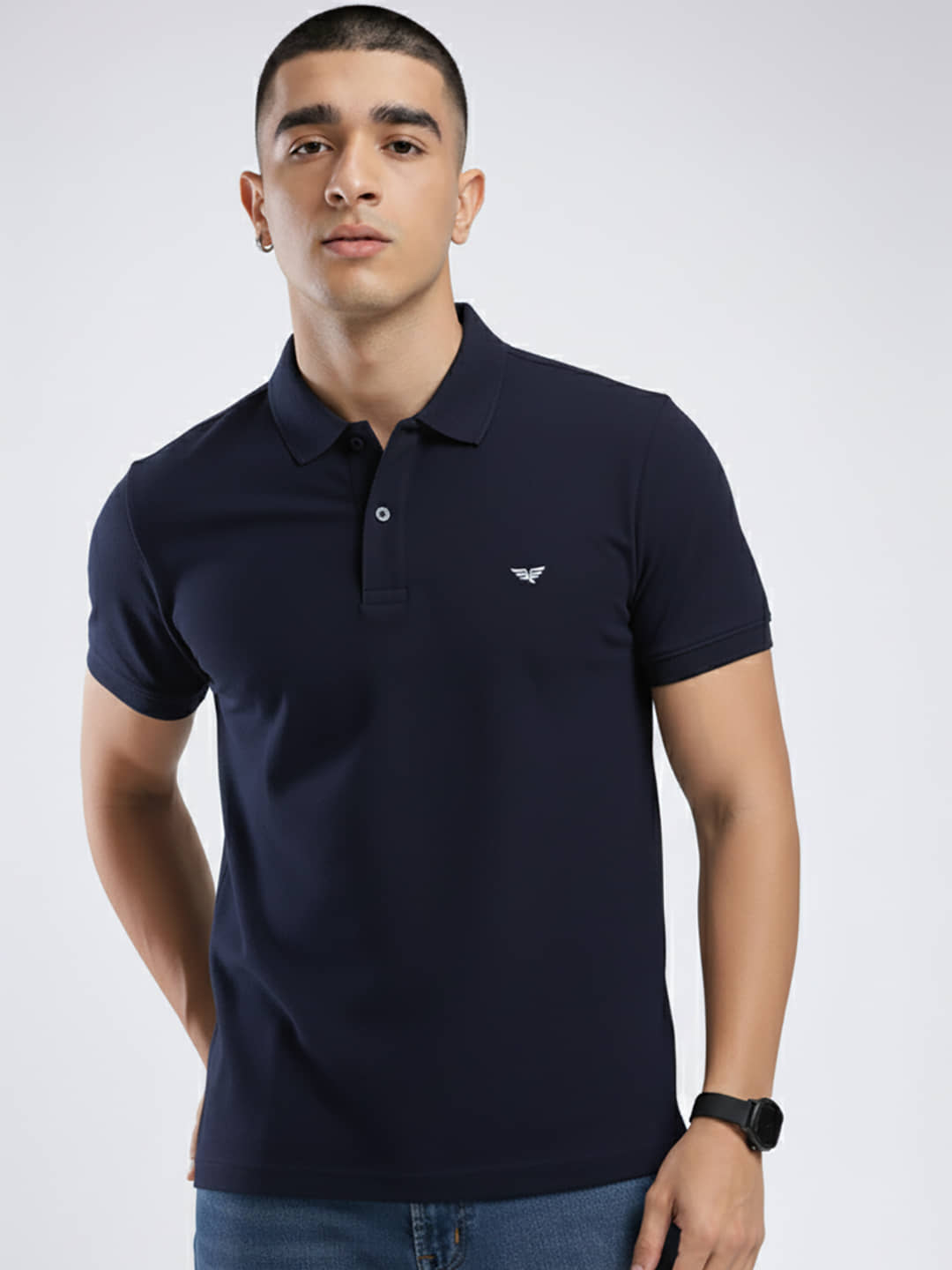 Riss Men Cotton Blend Regular Fit Solid Polo T Shirt ( Navy Blue )