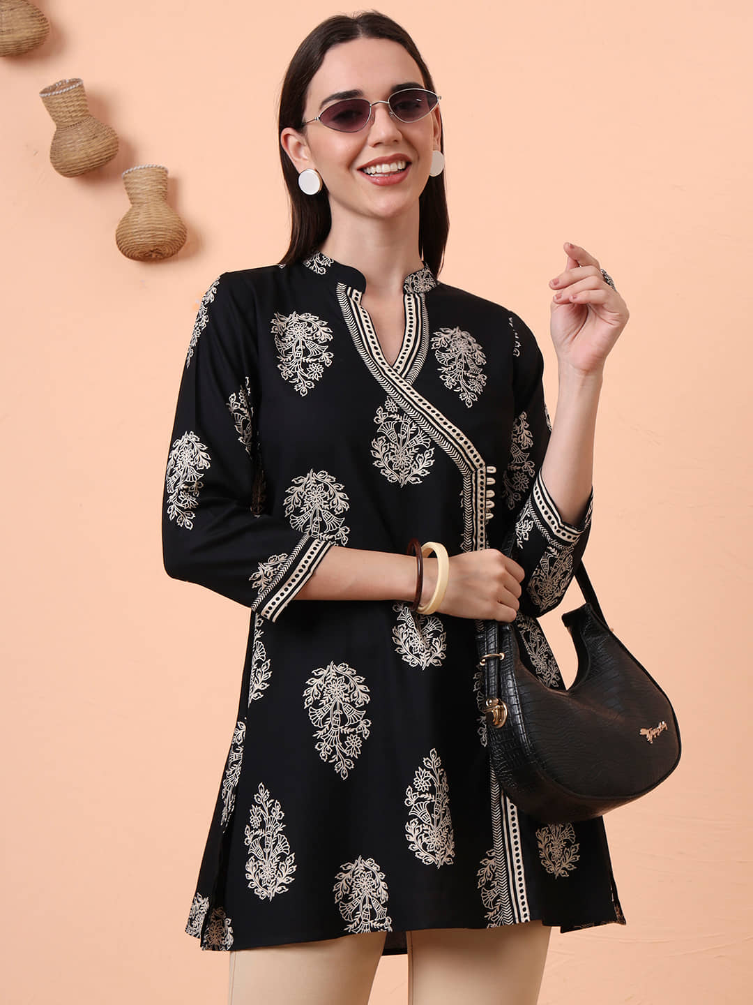 Tissu Women Rayon Printed Flared Kurti ( Black ) - Kurtis, Tunics | Buy online on ZillyBuy