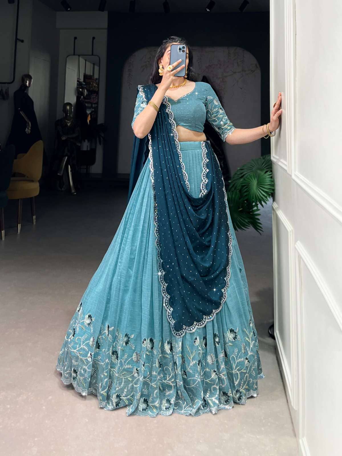 piludi Women Silk Flared Semi Stitched Lehenga Choli ( Blue )