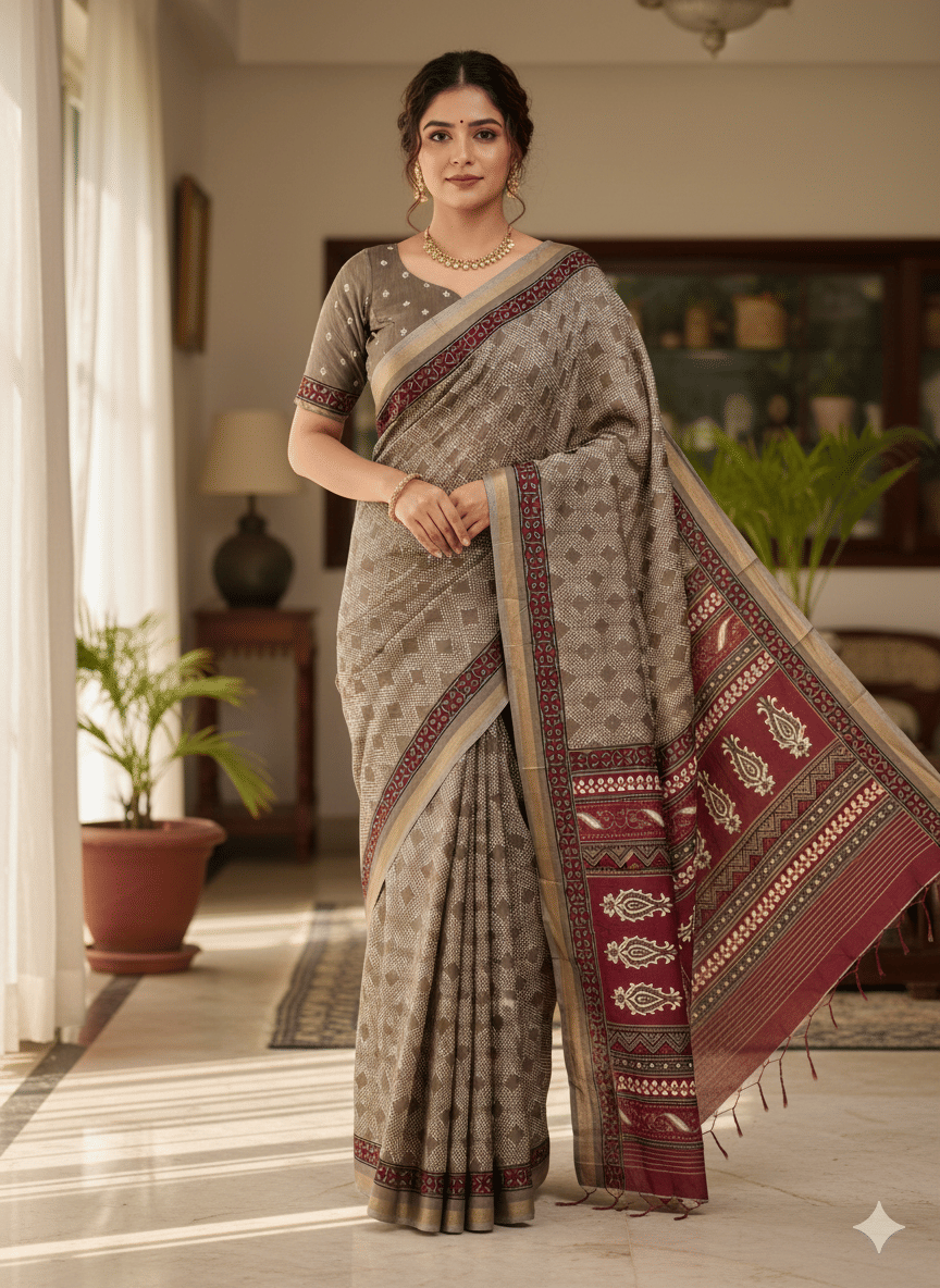 sanwariya Chanderi Printed Chanderi saree With Unstitched Blouse Piece ( Coffee ) - Sarees | Buy online on ZillyBuy