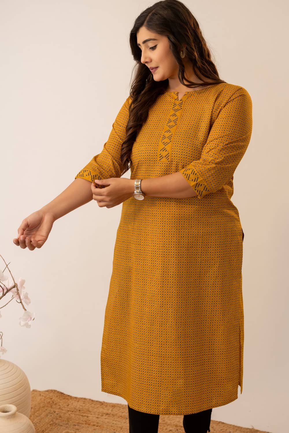 AMTHI Women 100% Cotton Printed Straight Kurti ( Mustard ) - Kurtis, Tunics | Buy online on ZillyBuy