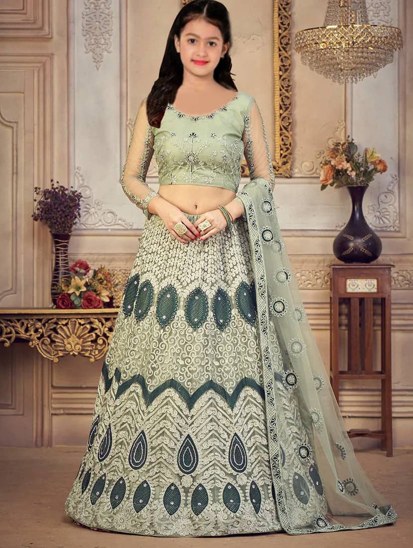 Keyura Net Lehenga Choli Set For Girls ( Pack of 1 , Mint Green )