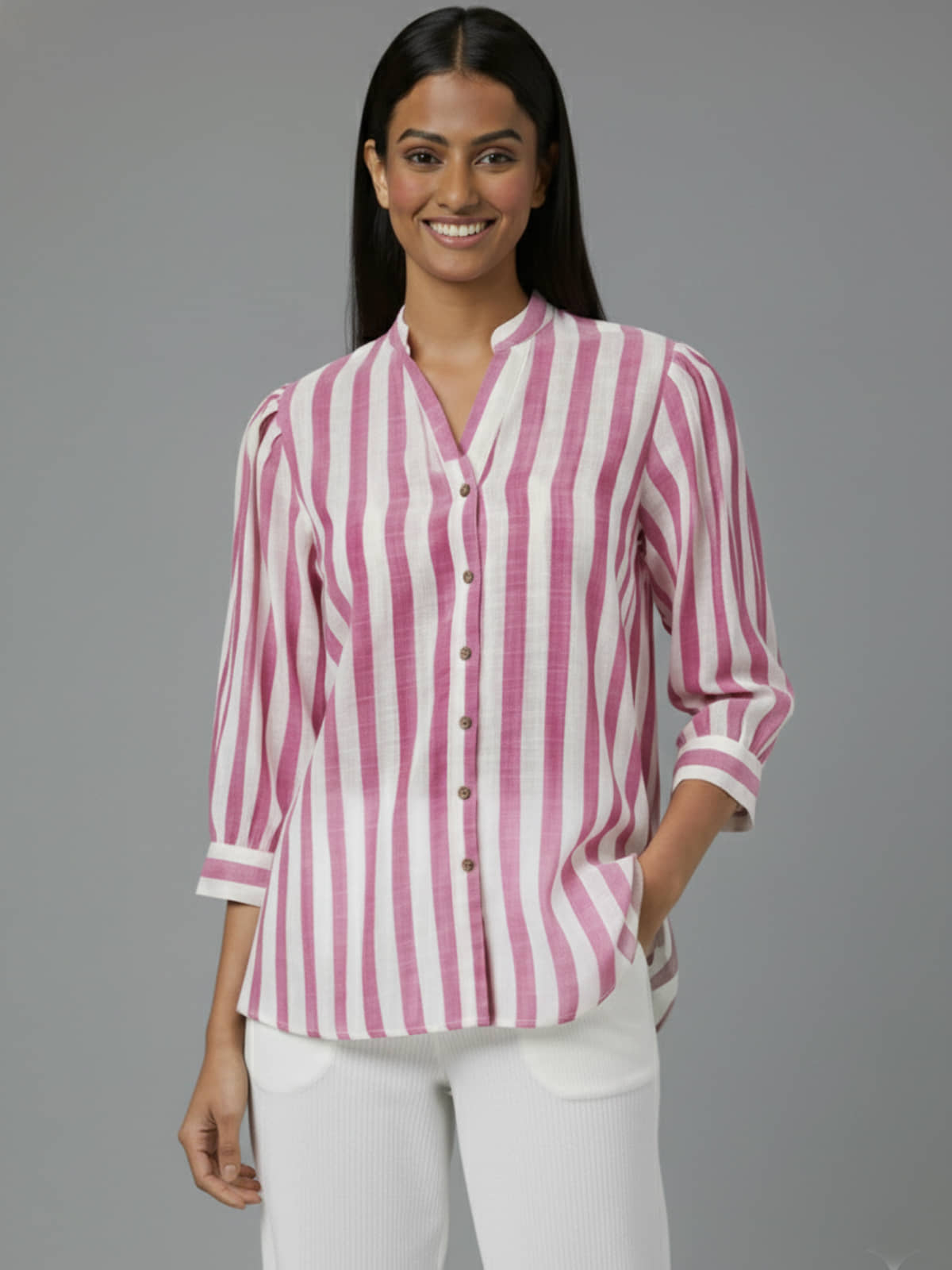 QuaClo Women Striped Cotton Blend Shirt ( Pink )