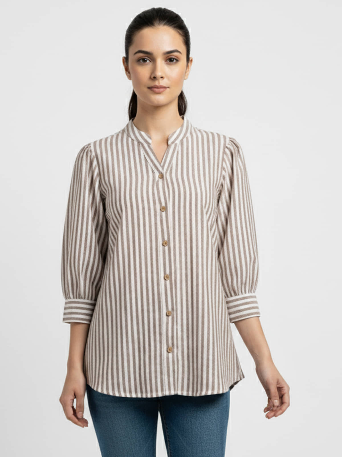 QuaClo Women Striped Cotton Blend Shirt ( Brown )