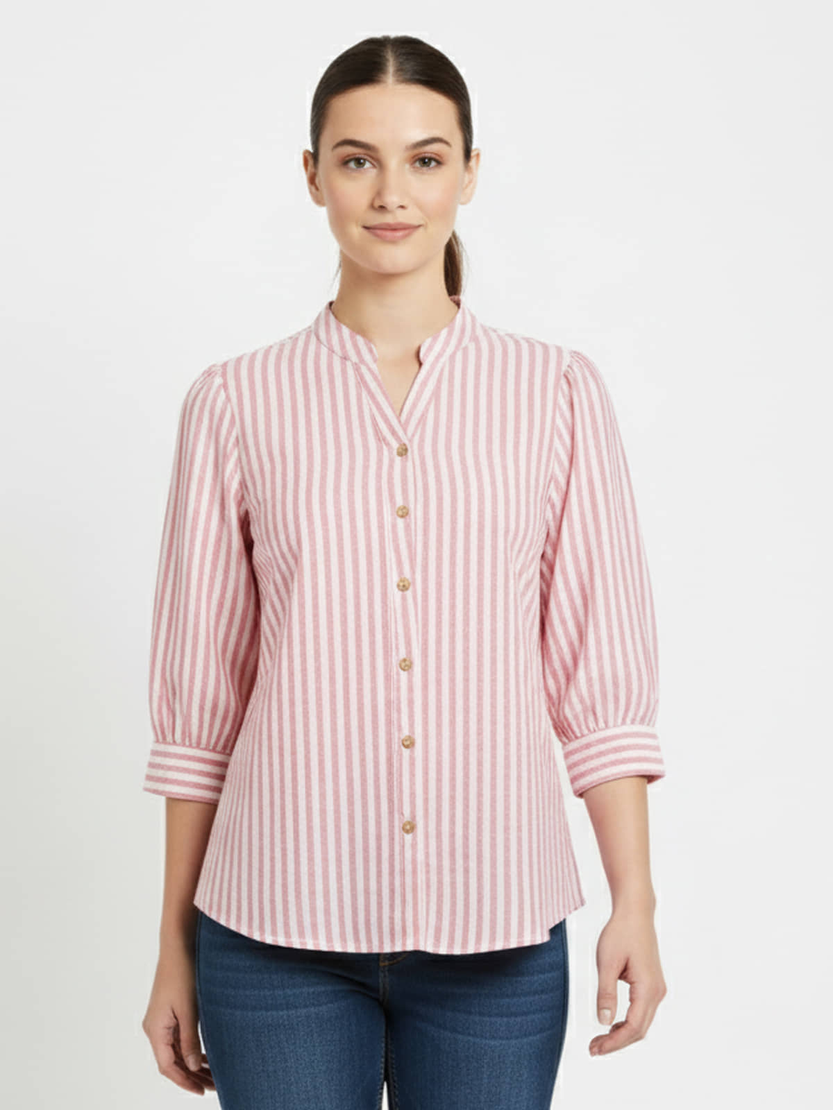 QuaClo Women Striped Cotton Blend Shirt ( Pink )