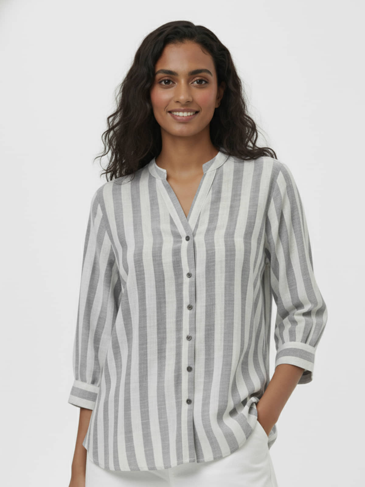 QuaClo Women Striped Cotton Blend Shirt ( Coffee )
