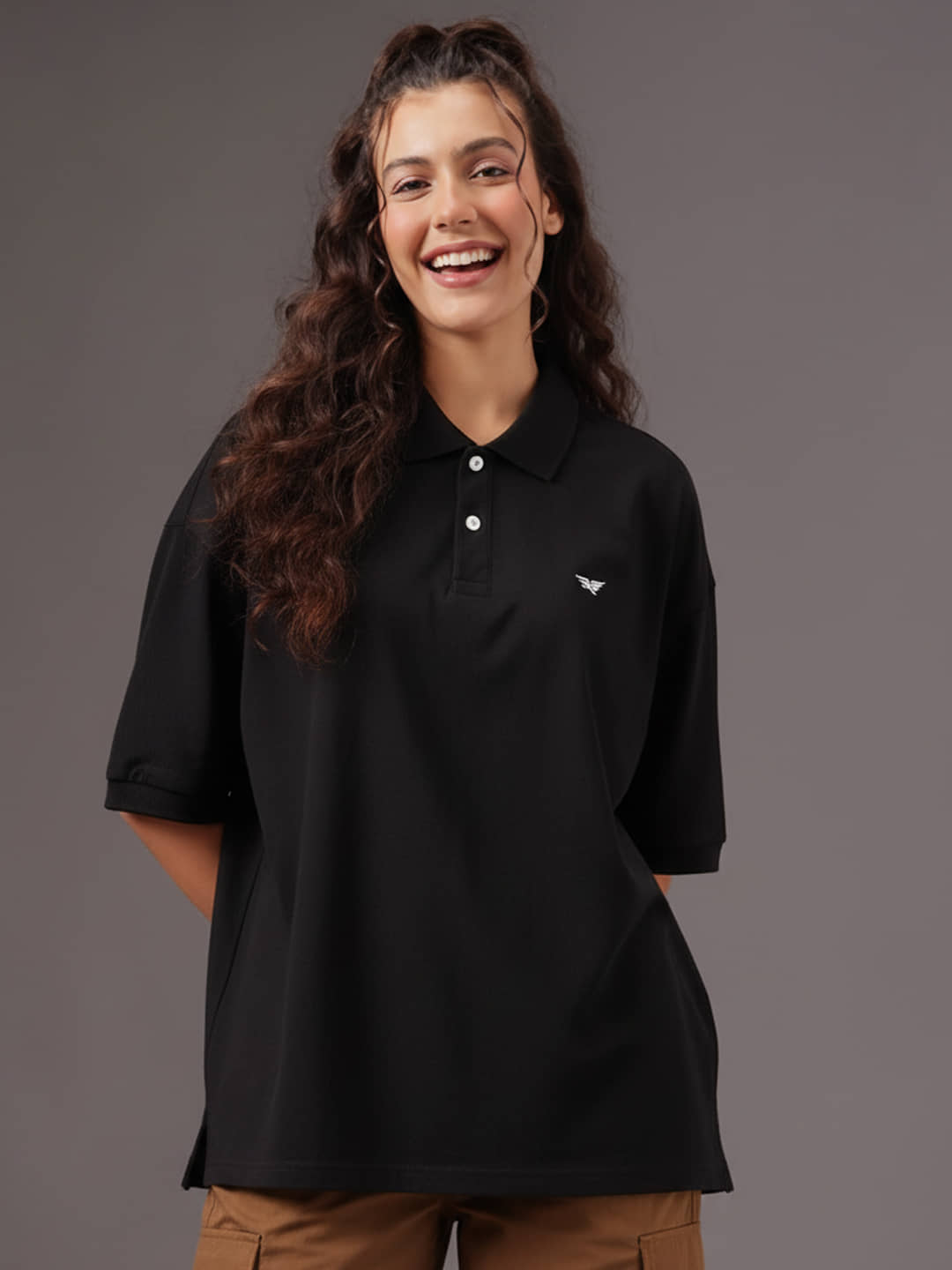 Riss Women Cotton Blend Solid Regular Fit Polo Collar T-Shirt ( Black )