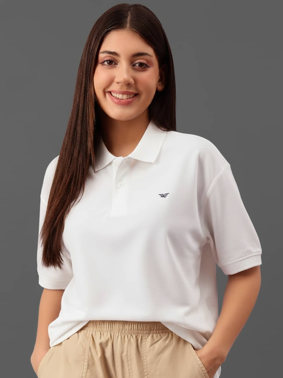 XYRIS Women Cotton Blend Solid Regular Fit Polo Collar T-Shirt ( White )