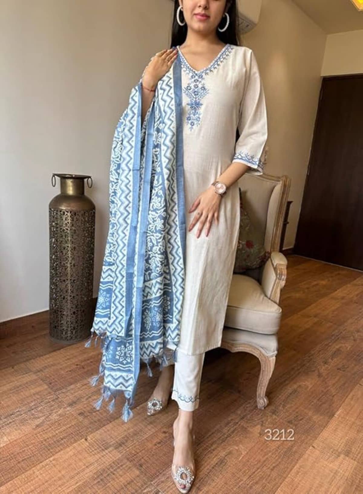 zasvo Women Cotton Embroidered A-line Kurti With Pants ( Cream )