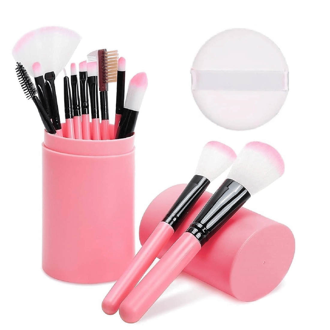 Makeup Brush Set With Storage Box+Round Makeup Puff,Pack of 2