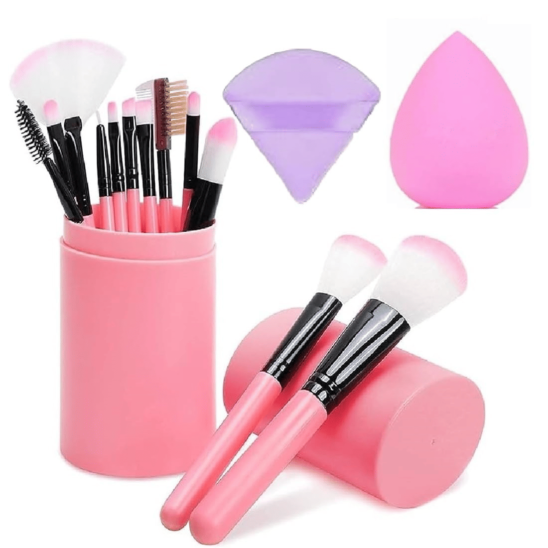 Professional Makeup Brush Set With Storage Box + Triangle & Makeup Sponge Puff,Pack of 3