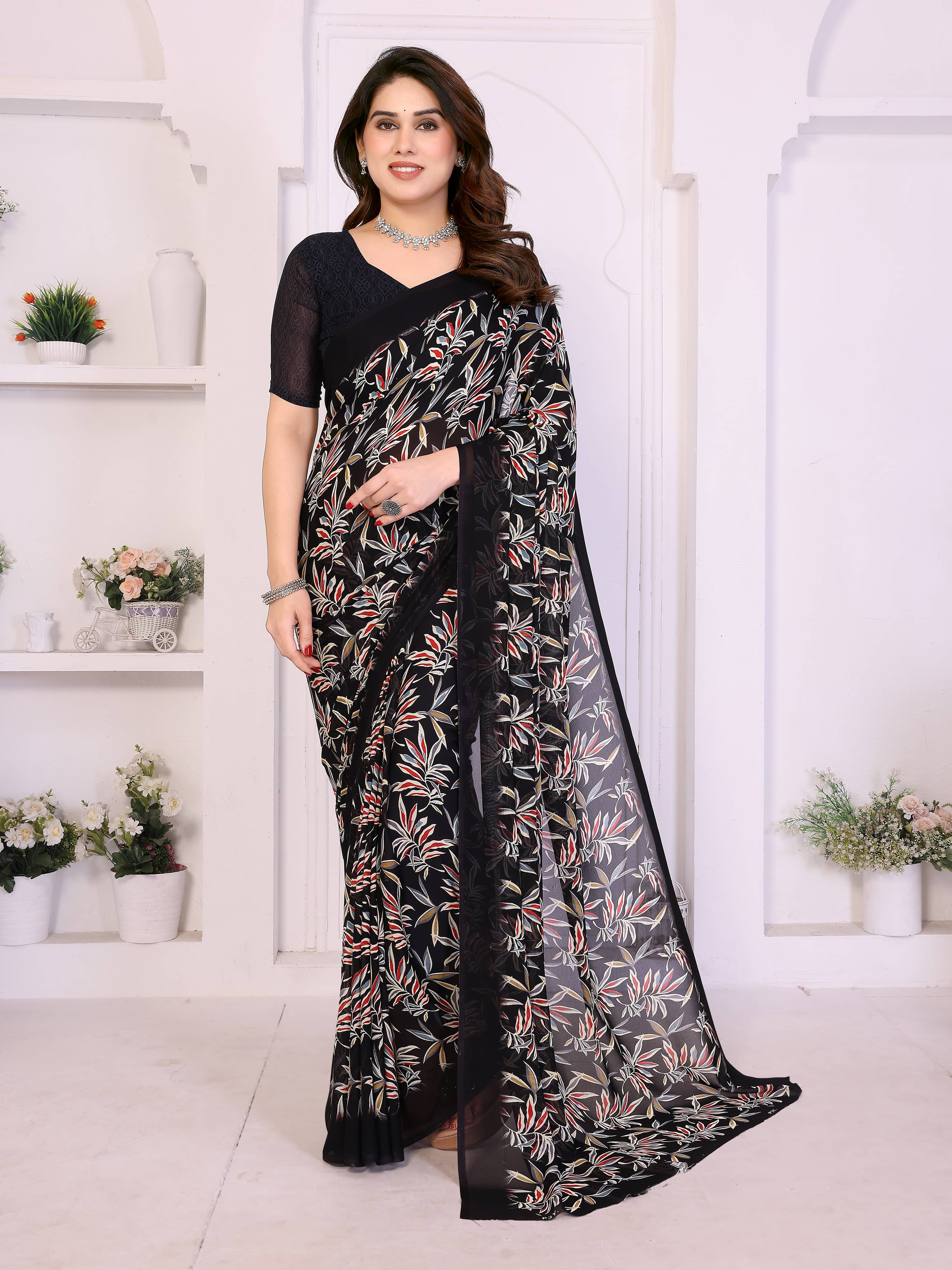 Kashvi Sarees Georgette Printed Regular Saree With Unstitched Blouse Piece ( Yellow ) - Sarees | Buy online on ZillyBuy