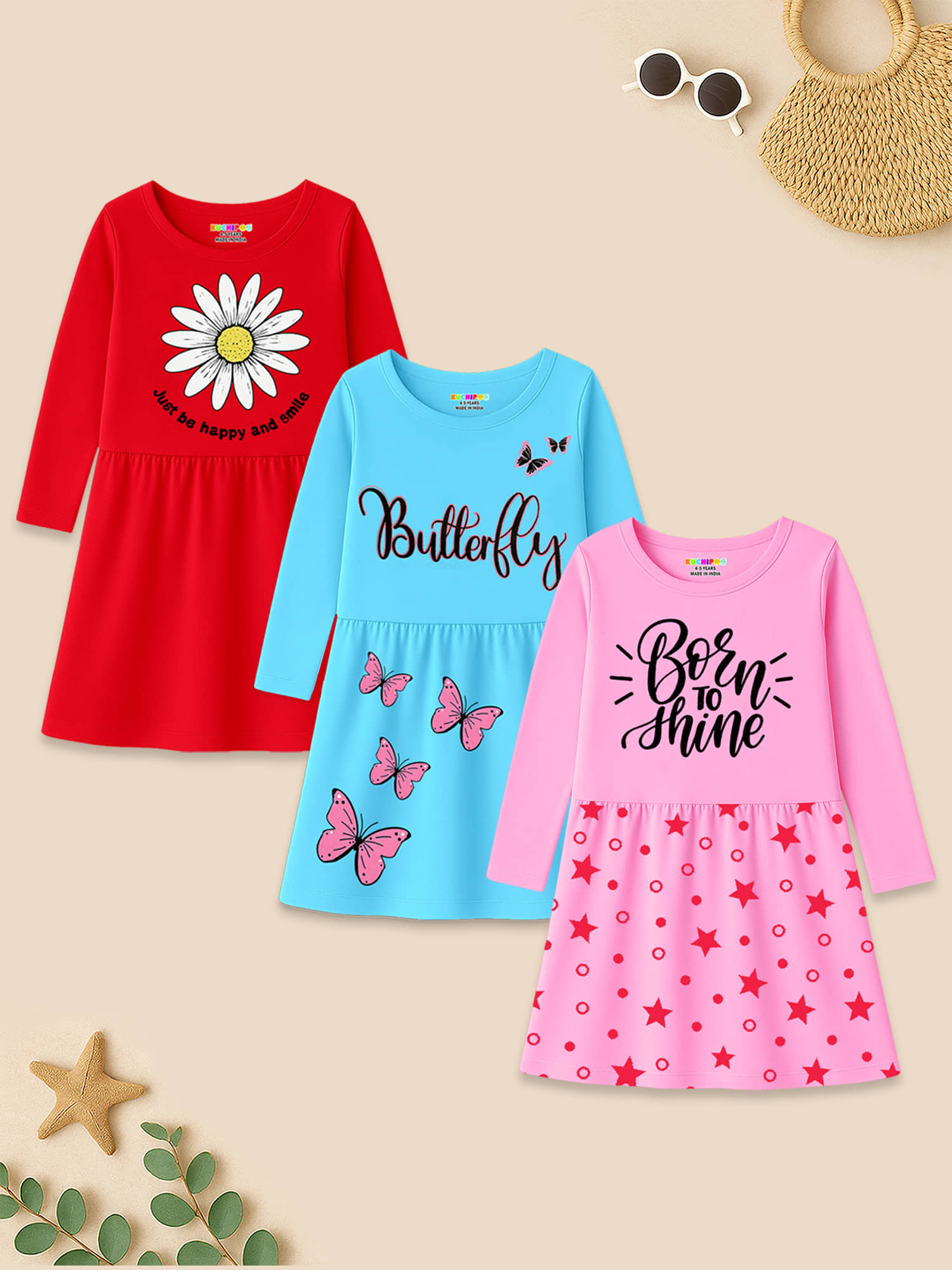 Kuchipoo Cotton Blend Dress For Girls ( Pack of 3 , Multicolor 1 )