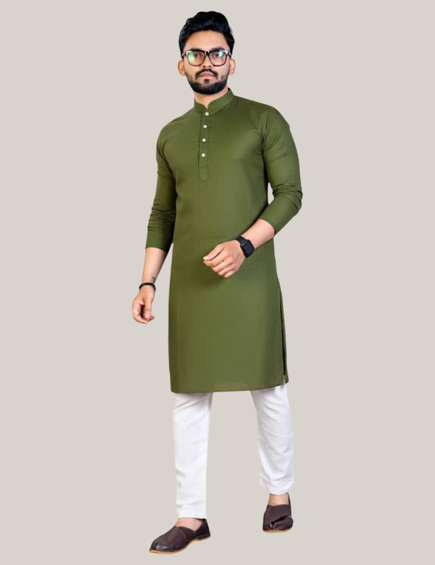 YUG ART Cotton Blend Solid Relaxed Fit Kurta Pyjama Set For Men ( Olive Green ) - Kurtas & Kurta Sets | Buy online on ZillyBuy
