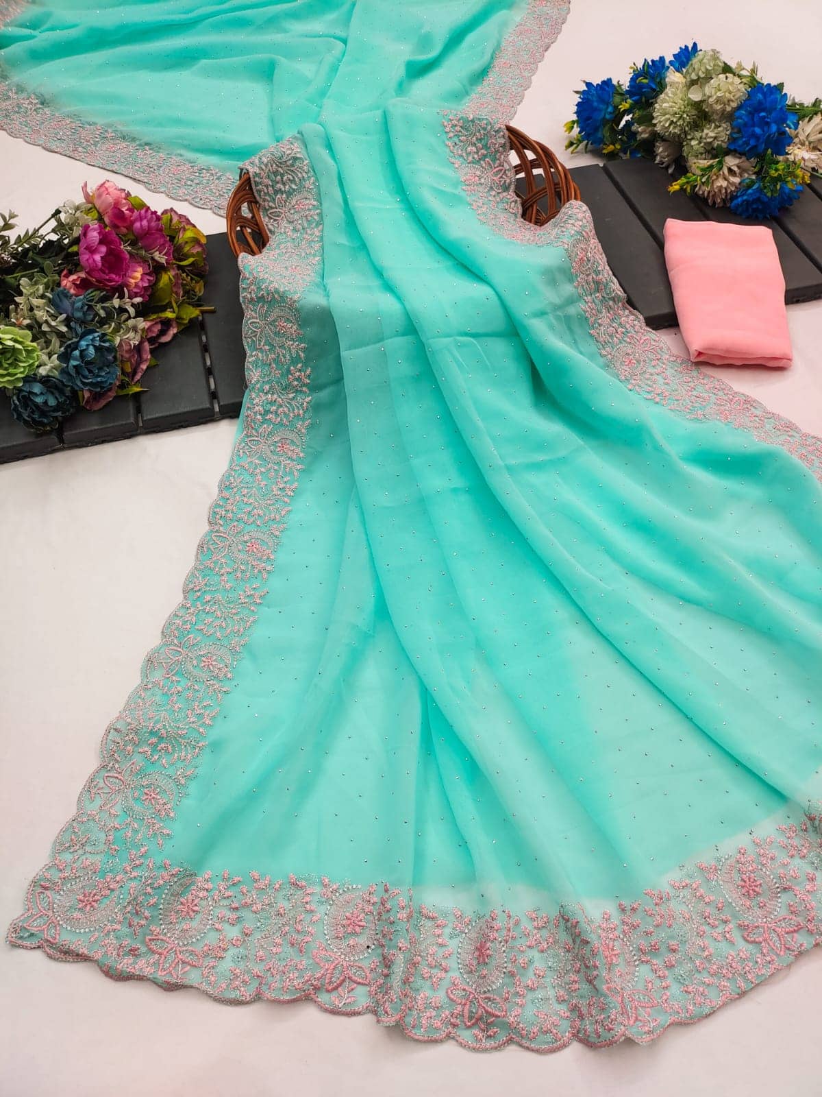 kyara group Georgette Embroidered Banarasi saree With Unstitched Blouse Piece ( Aqua Blue ) - Sarees | Buy online on ZillyBuy