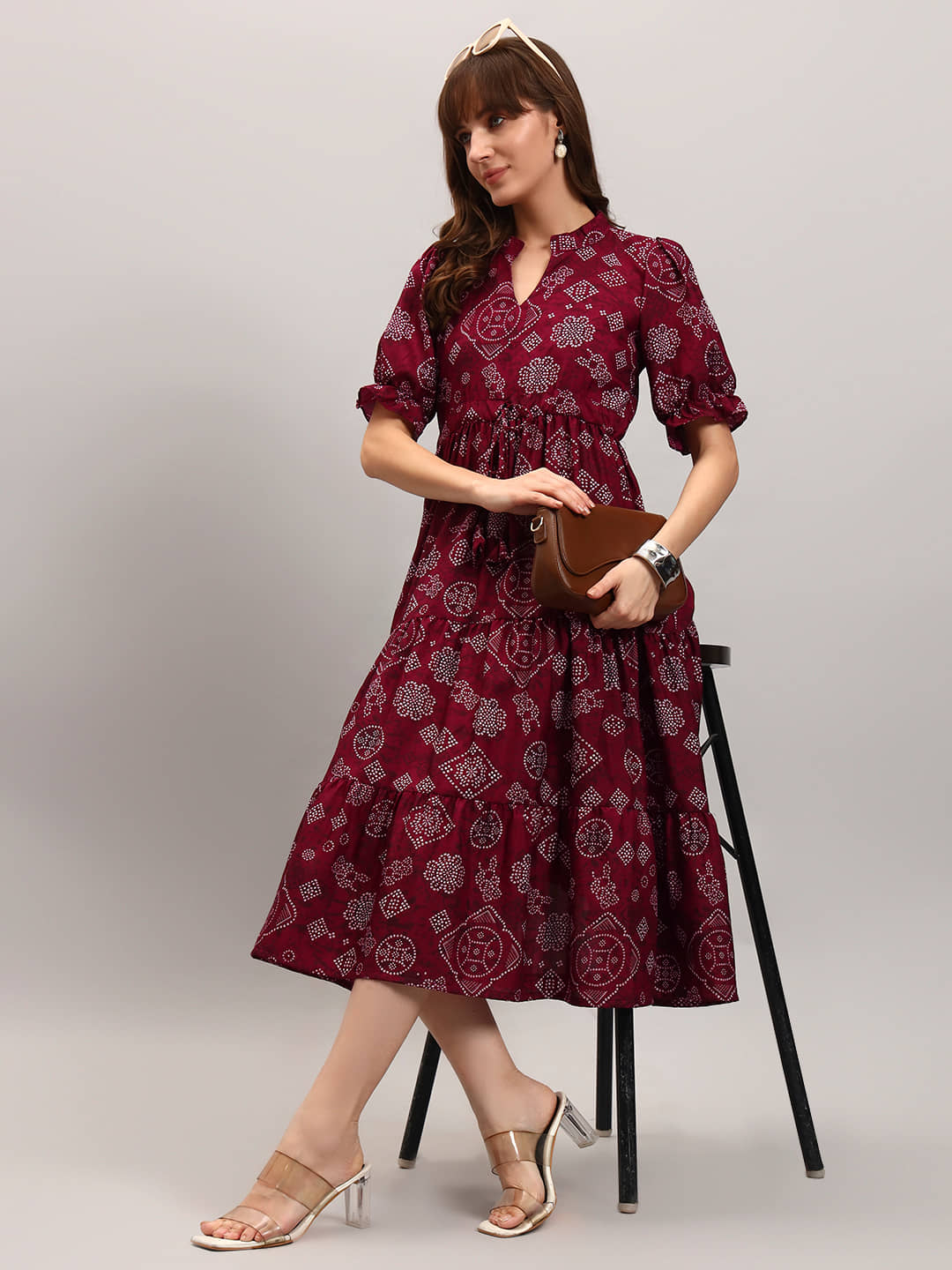 Femvy Women Crepe Printed Fit & Flare Dress ( Wine )