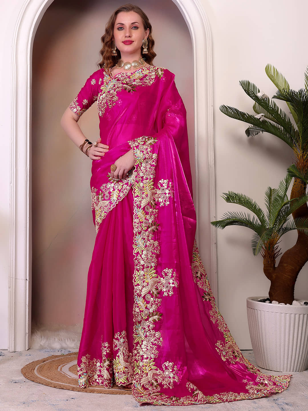 Nayanthara Trends Jimmy Choo Embroidered Regular Saree With Unstitched Blouse Piece ( Pink ) - Sarees | Buy online on ZillyBuy