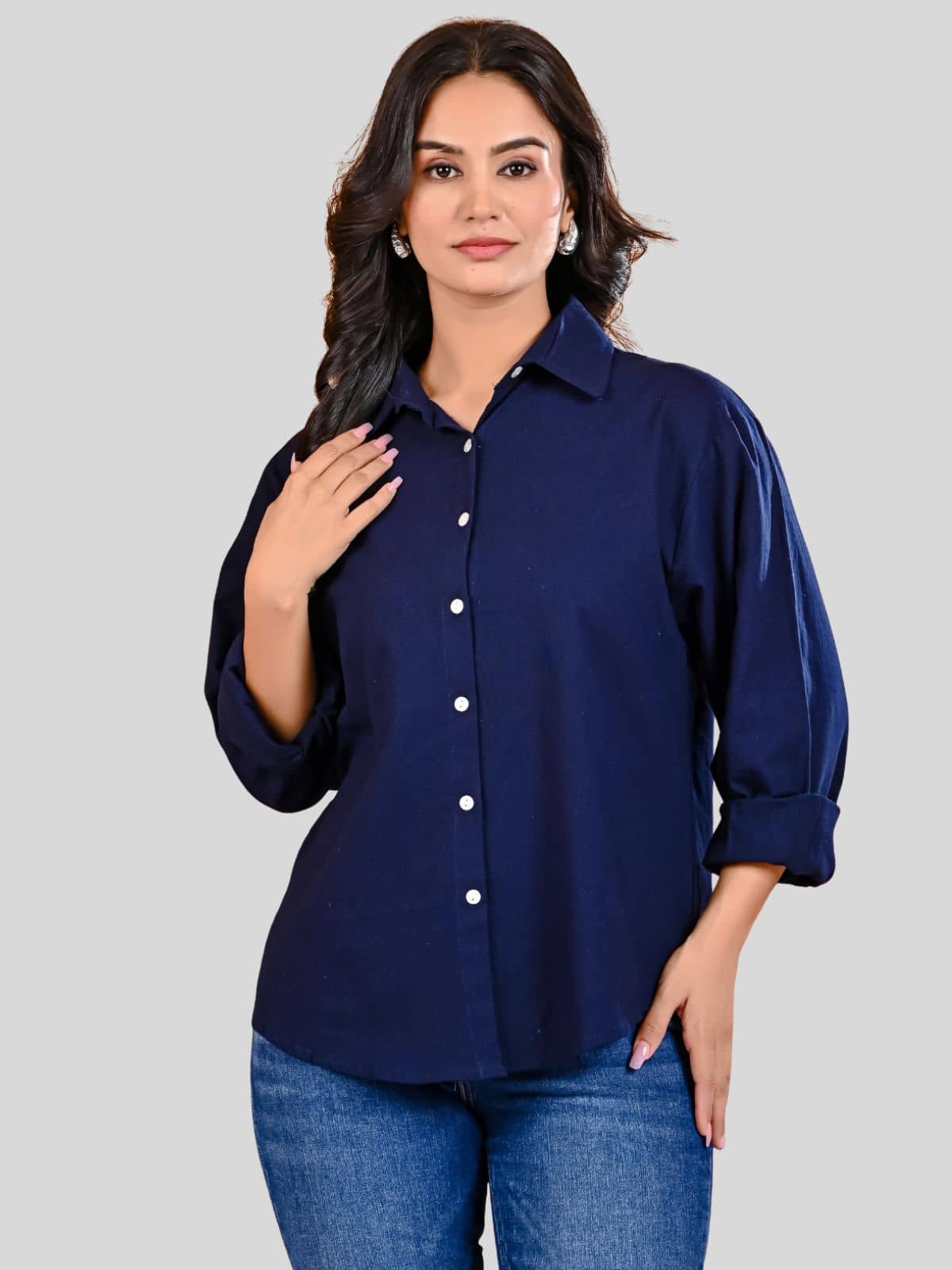 QuaClo Women Solid Cotton Blend Shirt ( Navy )