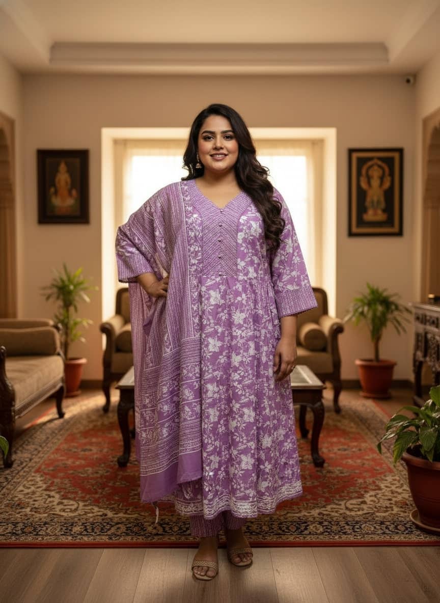 Swasti Women Cotton Printed Anarkali Kurti With Patiala Salwar ( Purple )
