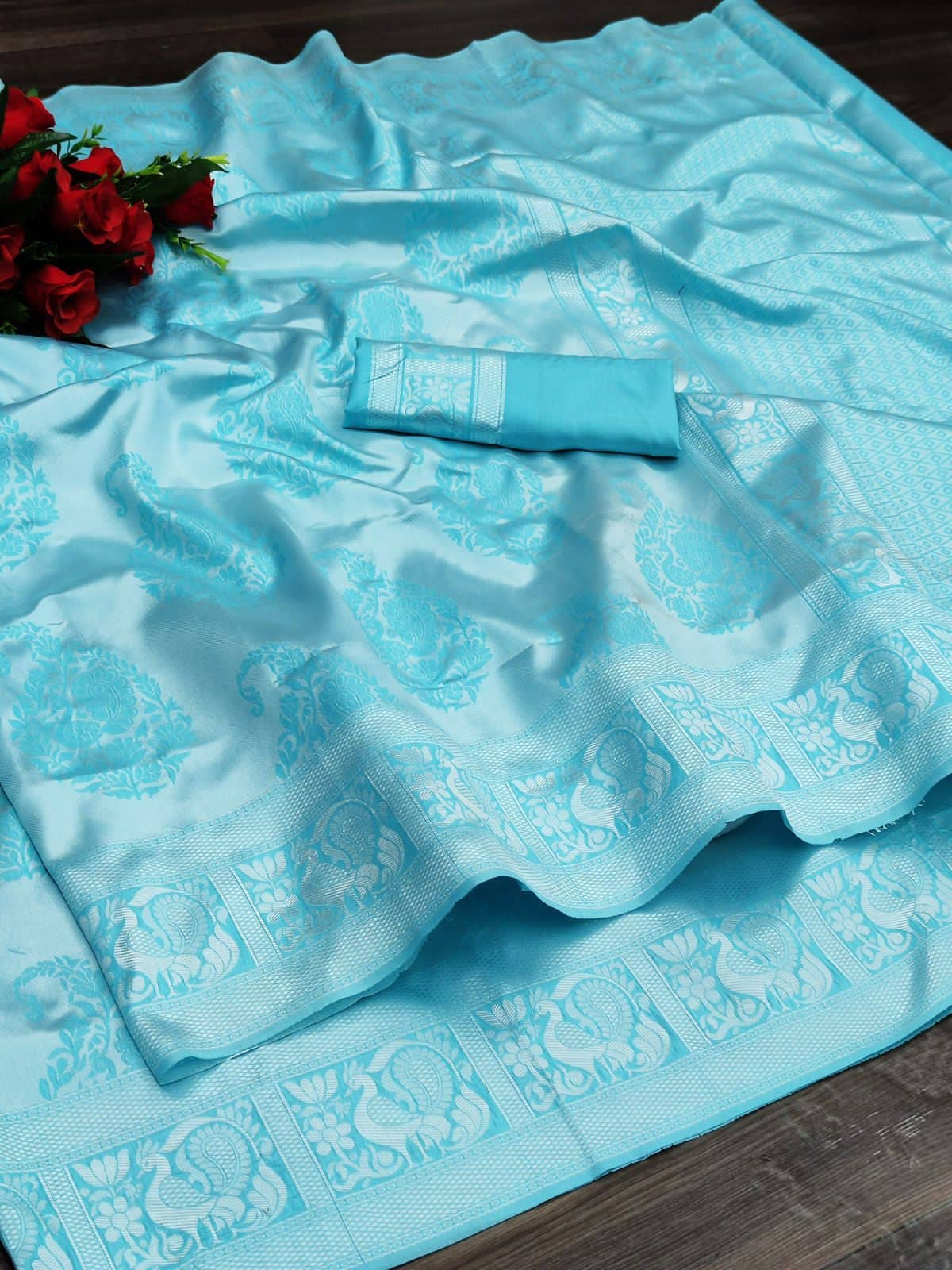 fab woven Art Silk Woven Design Banarasi saree With Unstitched Blouse Piece ( Teal ) - Sarees | Buy online on ZillyBuy