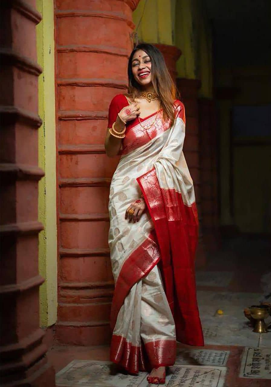 fab woven Art Silk Woven Design Banarasi saree With Unstitched Blouse Piece ( White ) - Sarees | Buy online on ZillyBuy