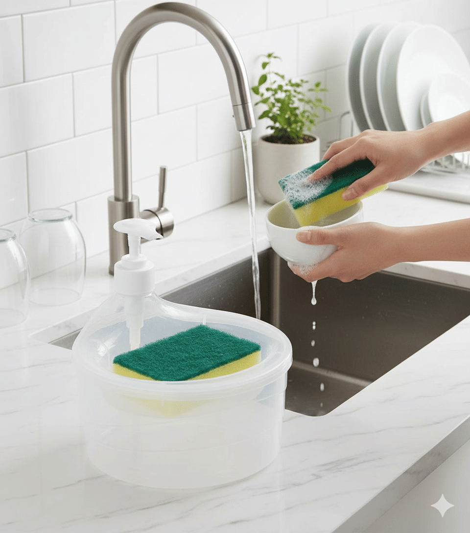 SARVASHVA TRENDS Double Layer Liquid Soap Dispenser, Kitchen Dish Washing Liquid Dispenser, Dishwash Liquid Pump, Dishwash Cleaner, Dish Soap Dispenser with Sponge Holder, Manual Press Soap Pump and Sponge Tray, Refillable Dishwashing Liquid Dispenser