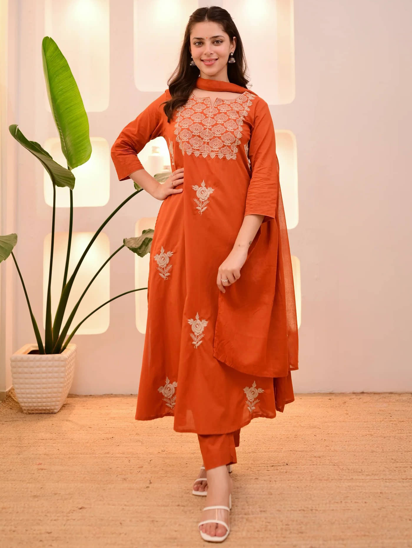 kedar fab Women Cotton Blend Embroidered Straight Kurti With Pants ( Orange )