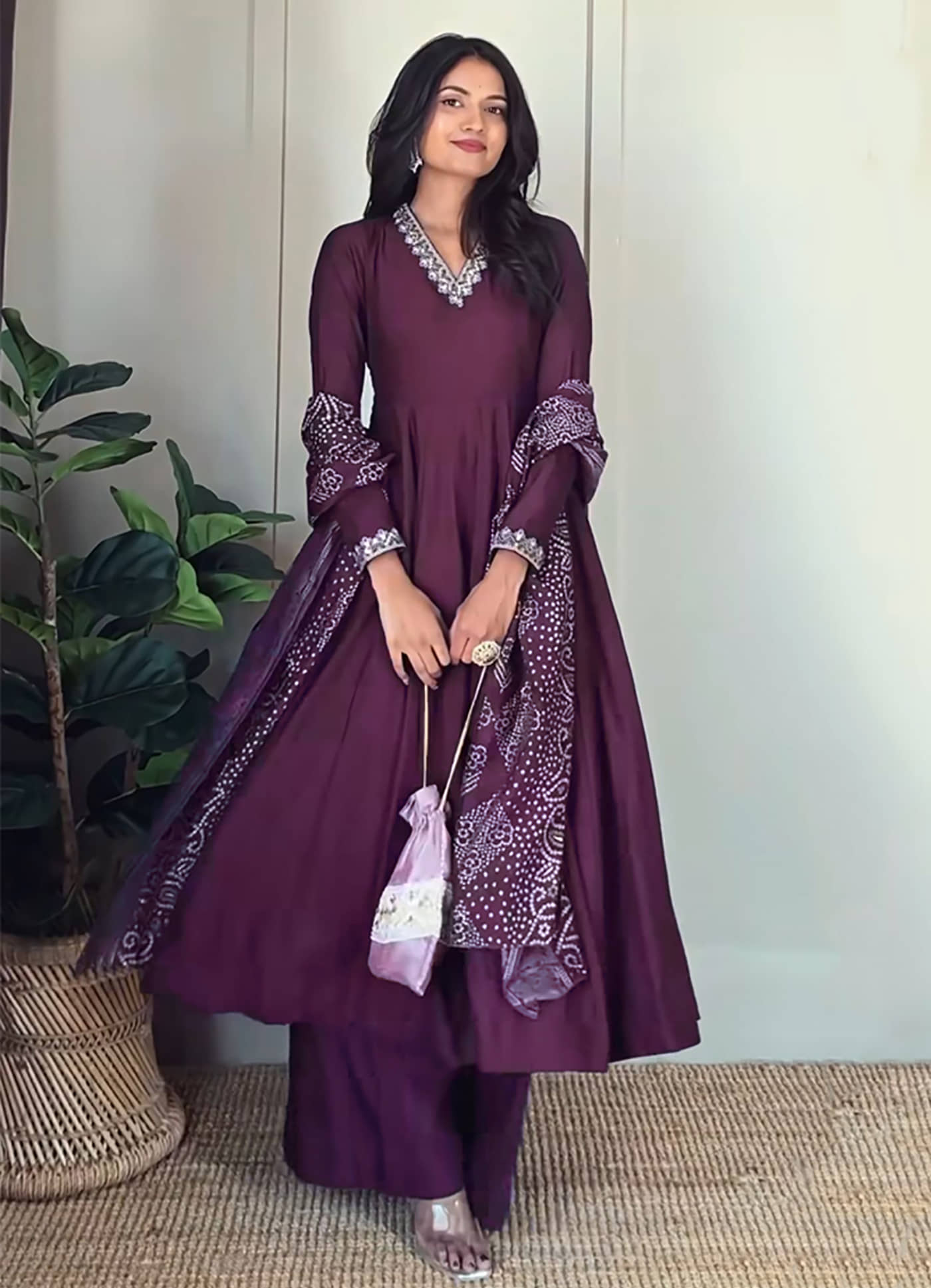 kedar fab Women Silk Embroidered Anarkali Kurti With Palazzo ( Purple )