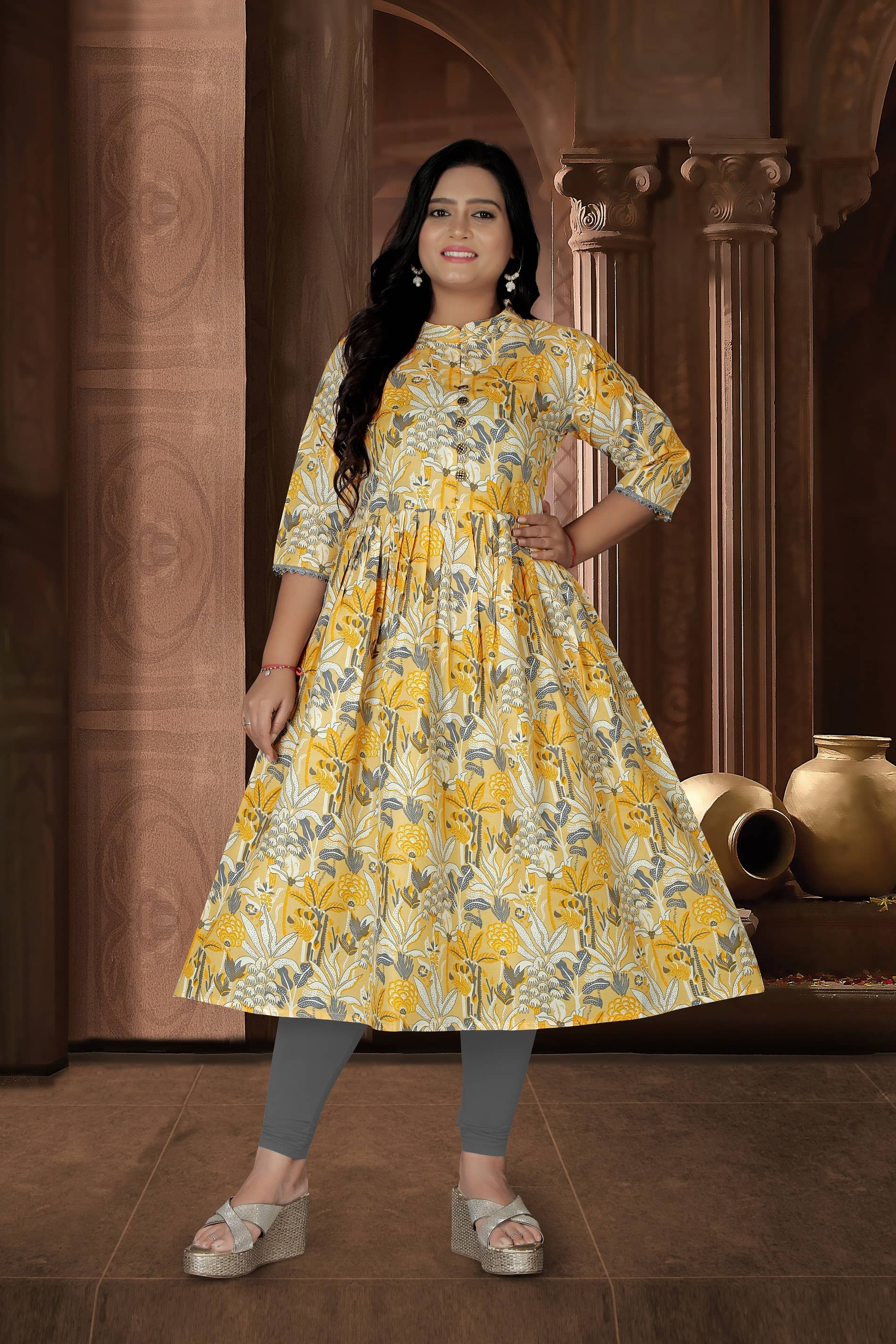 Hetsa Women Cotton Printed Anarkali Kurti ( Yellow ) - Kurtis, Tunics | Buy online on ZillyBuy