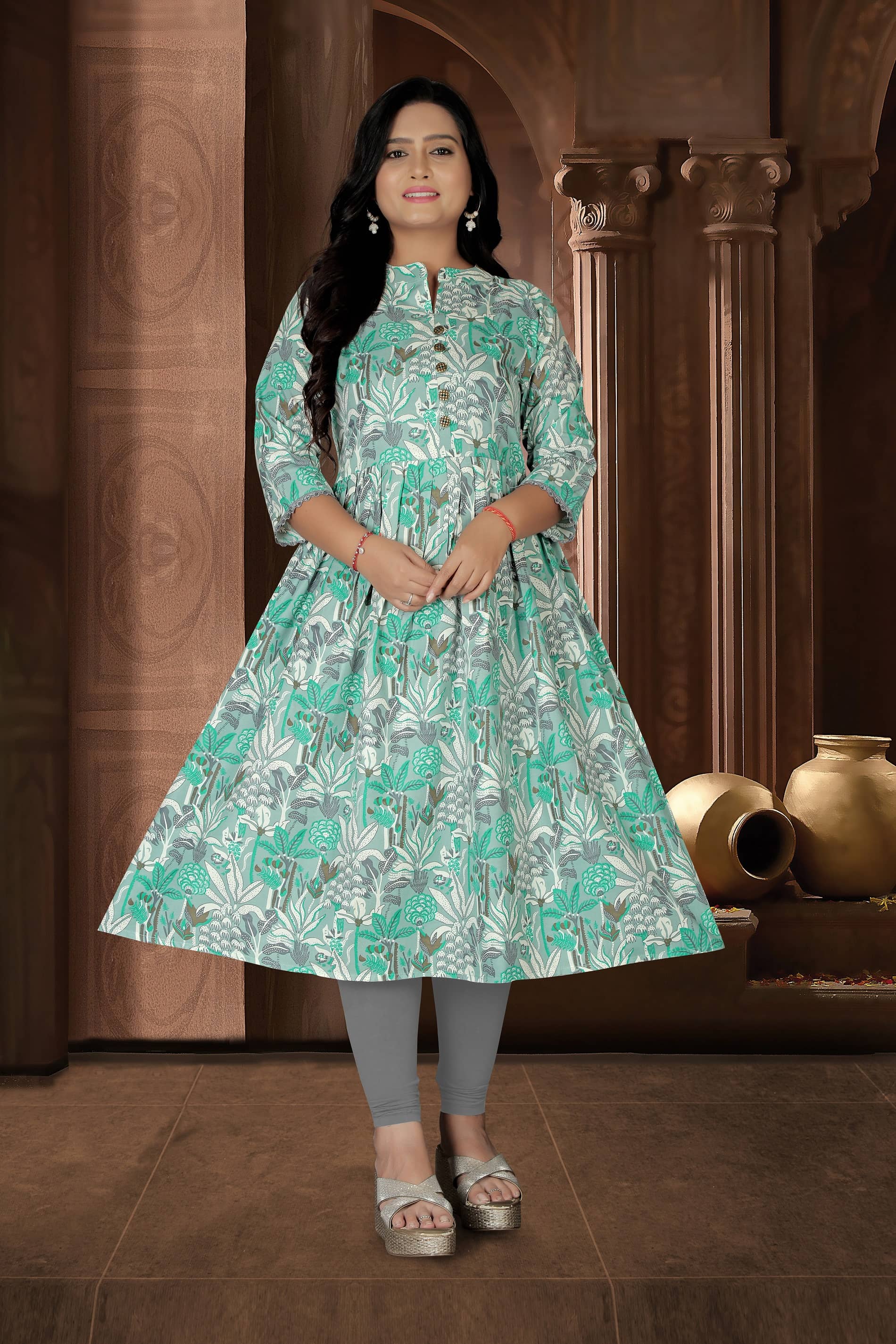 Hetsa Women Cotton Printed Anarkali Kurti ( Green ) - Kurtis, Tunics | Buy online on ZillyBuy