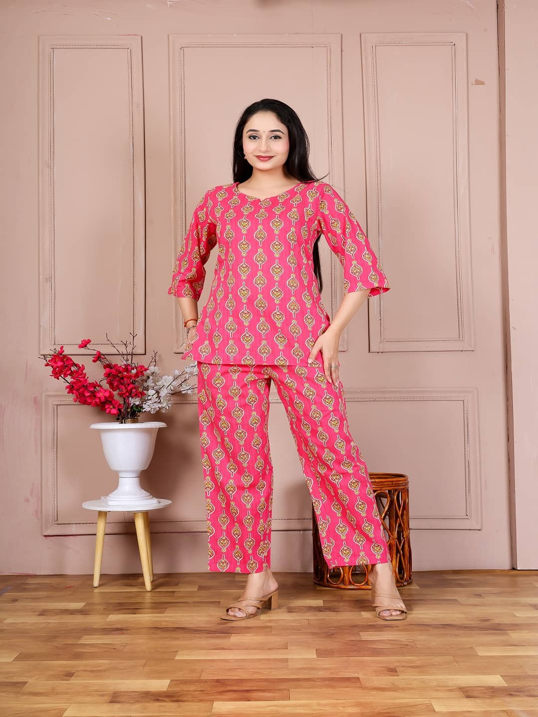 Nevisha Style Women Tunic With Trousers Co-Ord Set ( Pink )