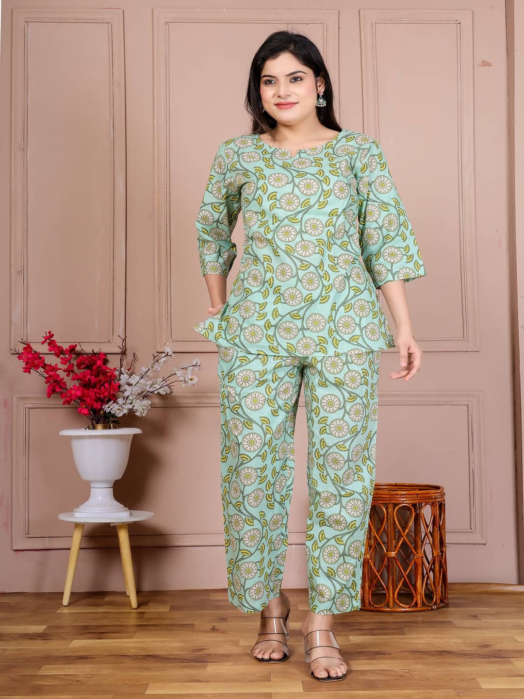 Nevisha Style Women Tunic With Trousers Co-Ord Set ( Lime Green )