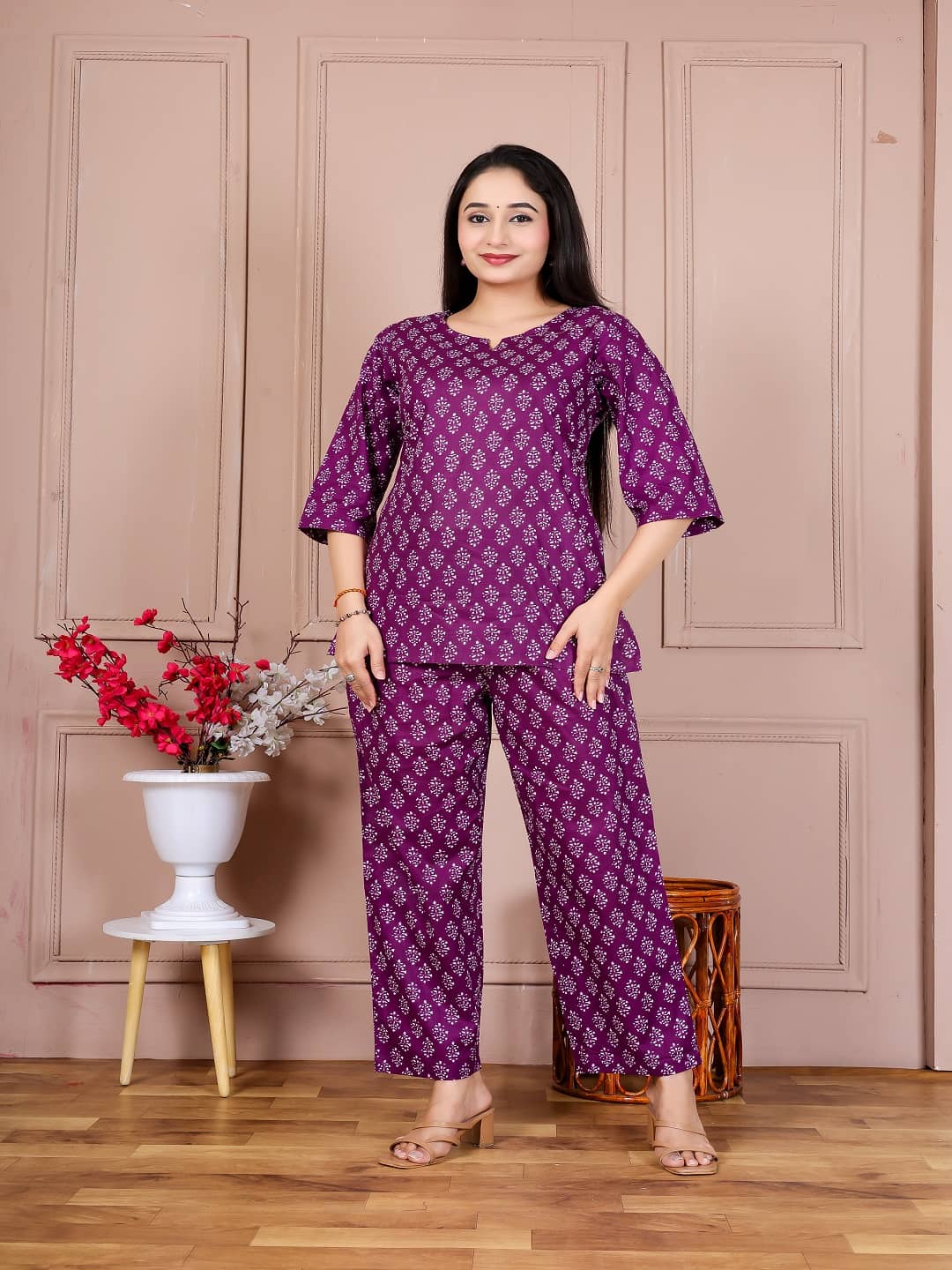 Nevisha Style Women Tunic With Trousers Co-Ord Set ( Purple )